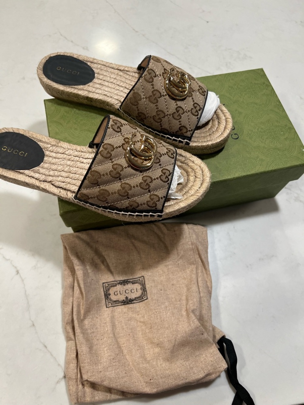 Gucci Brown/Beige GG Canvas Espadrille Slides with Gold Double G - Picture 16 of 16